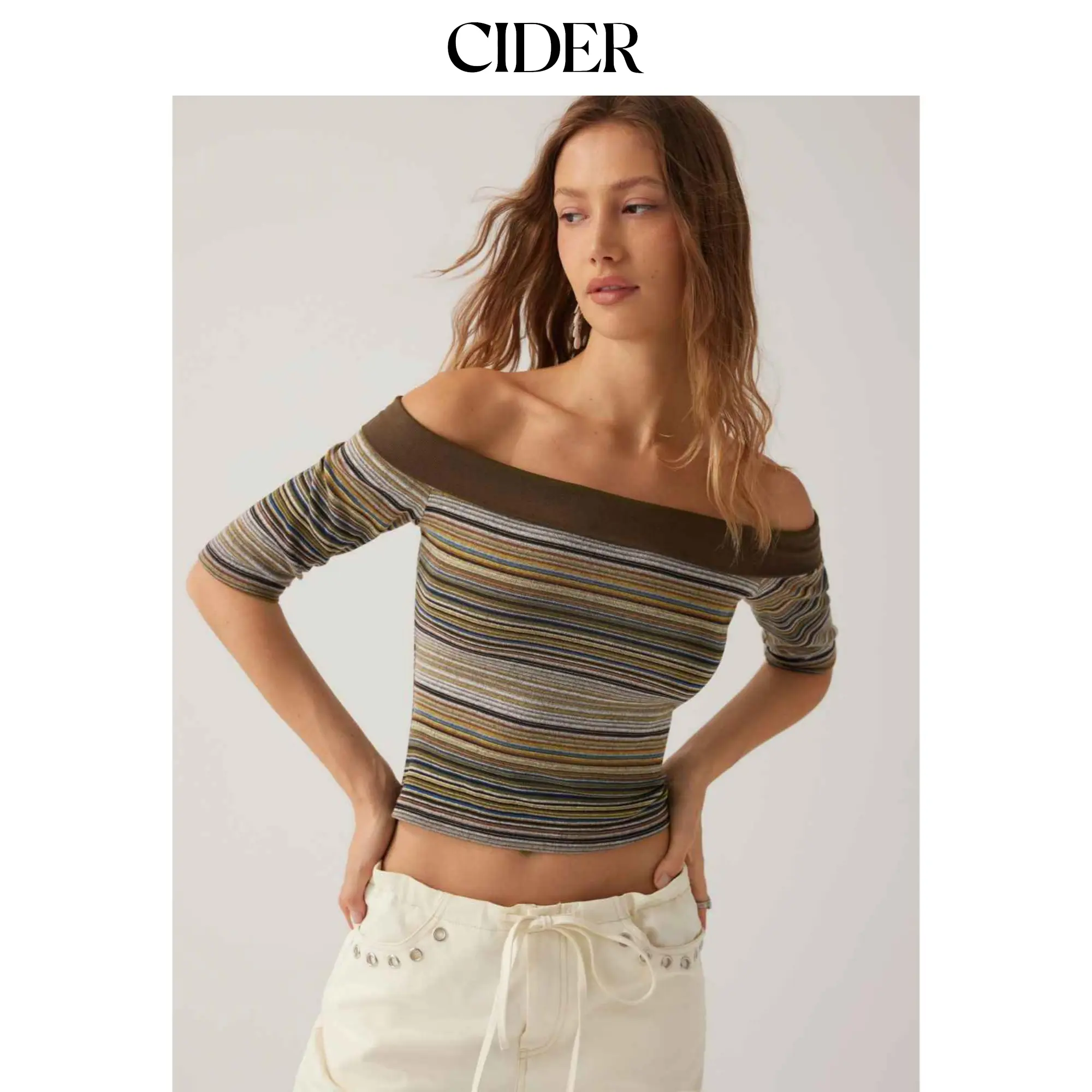 Cider Striped Off-shoulder Mid-length Sleeve Top SummerWins SummerFinds