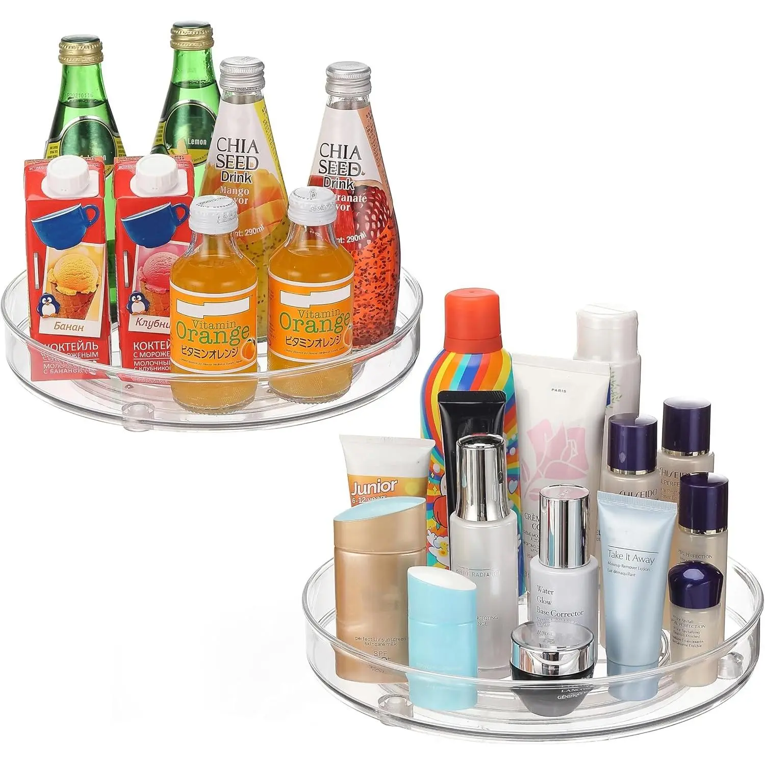 URALFA 2-Pack Smooth Kitchen Lazy Susan Cabinet Organizer Set, Plastic Rotating 10.5 Inch Turntable for Cabinet, Pantry
