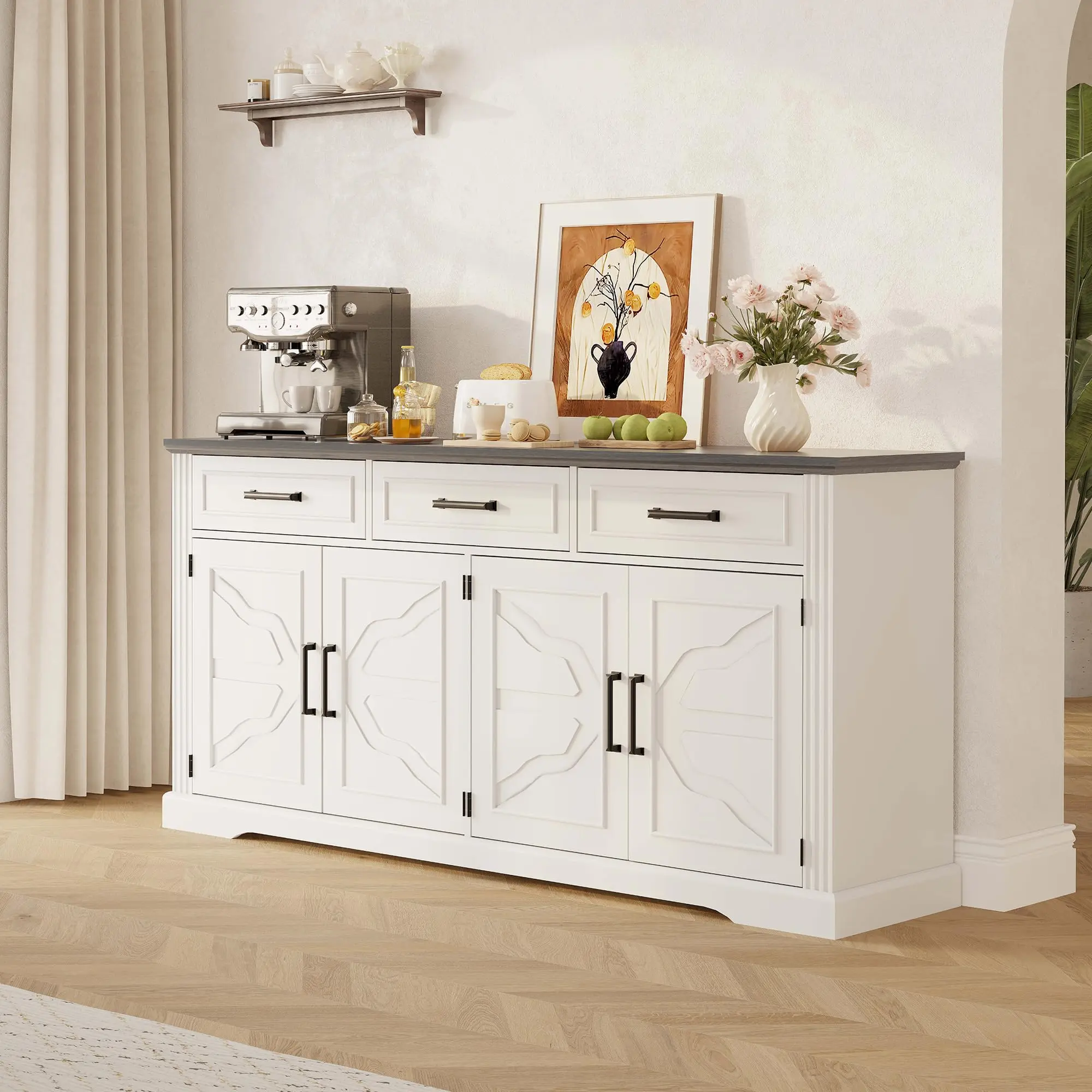 66" Embossed Modern Farmhouse Sideboard Buffet Cabinet, Embossed 3 Drawers and 4 Doors Storage Cabinet, Large Coffee Bar Station for Dining Room Kitchen Living Room Brown