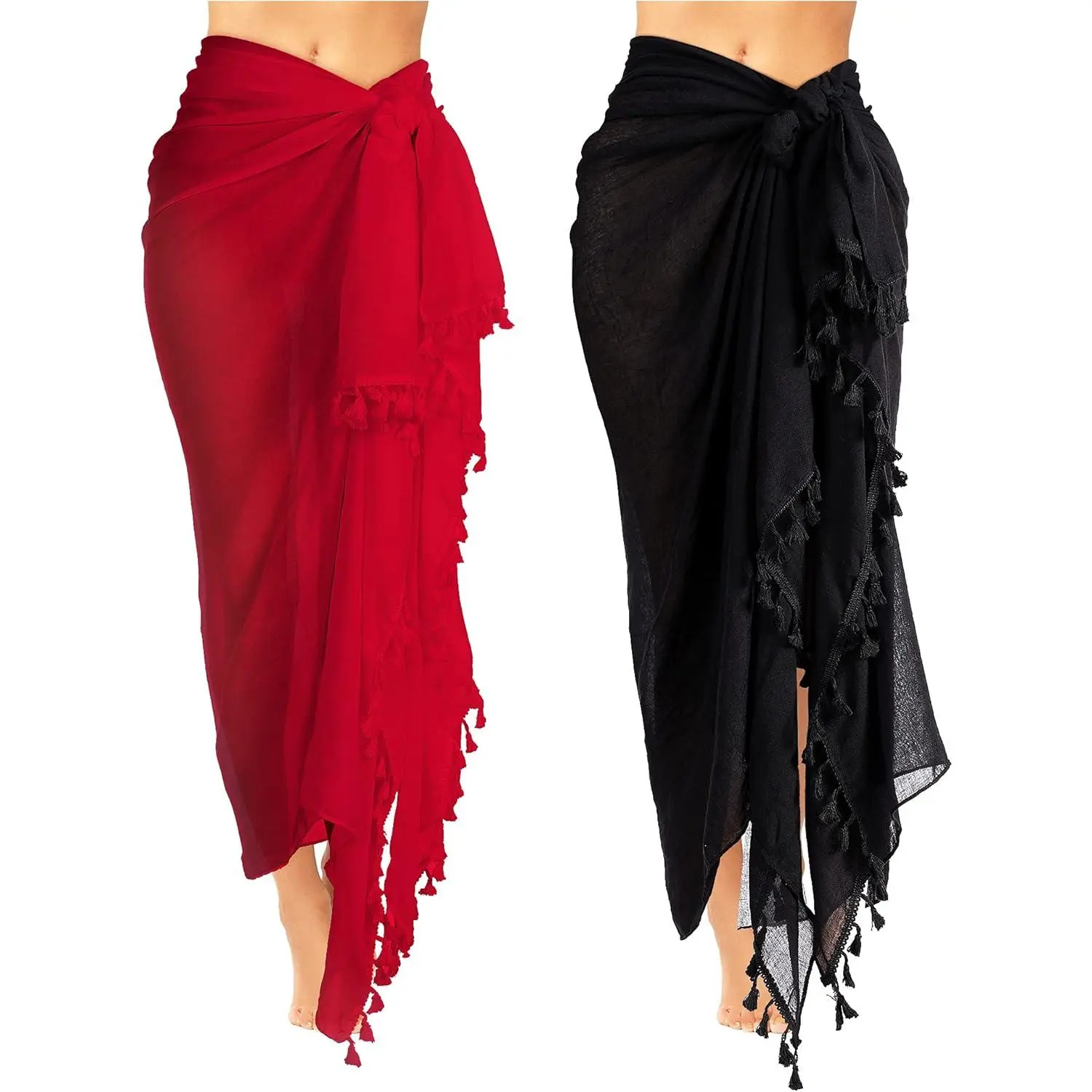 Women's Batik Long Sarong Swimsuit Cover-Up - 2-Piece Wrap Pareo with Tassels for Summer Beach Wear, Two Piece Set, Tassel Detail