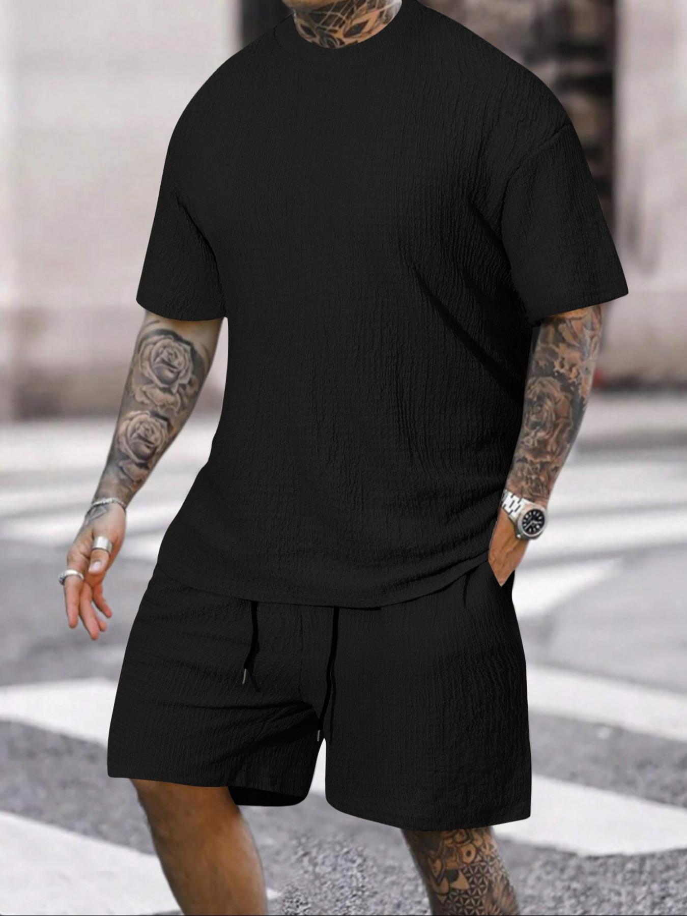 Men's Solid Textured Round Neck Tee & Drawstring Waist Shorts Pyjama Set, Short Sleeve Top & Shorts Set, Casual Comfy Men's Sleepwear & Loungewear, Menswear, Pajama Set