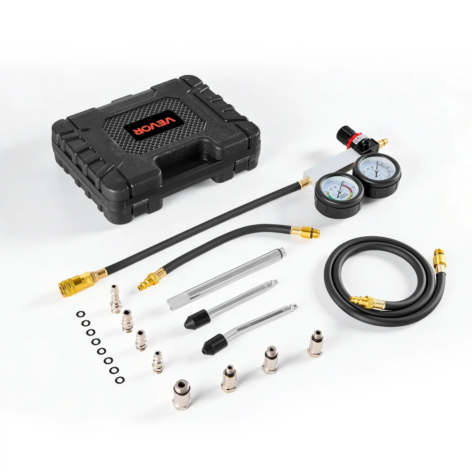VEVOR Engine Cylinder Compression Tester Kit, Pressure Gauge Range of 0-100 PSI, Automotive Leak Down Tester Kit with 4 Adapters, 2 Metal Tubes, Pressure Check Leakage Rate Test on Cars, Motorcycles