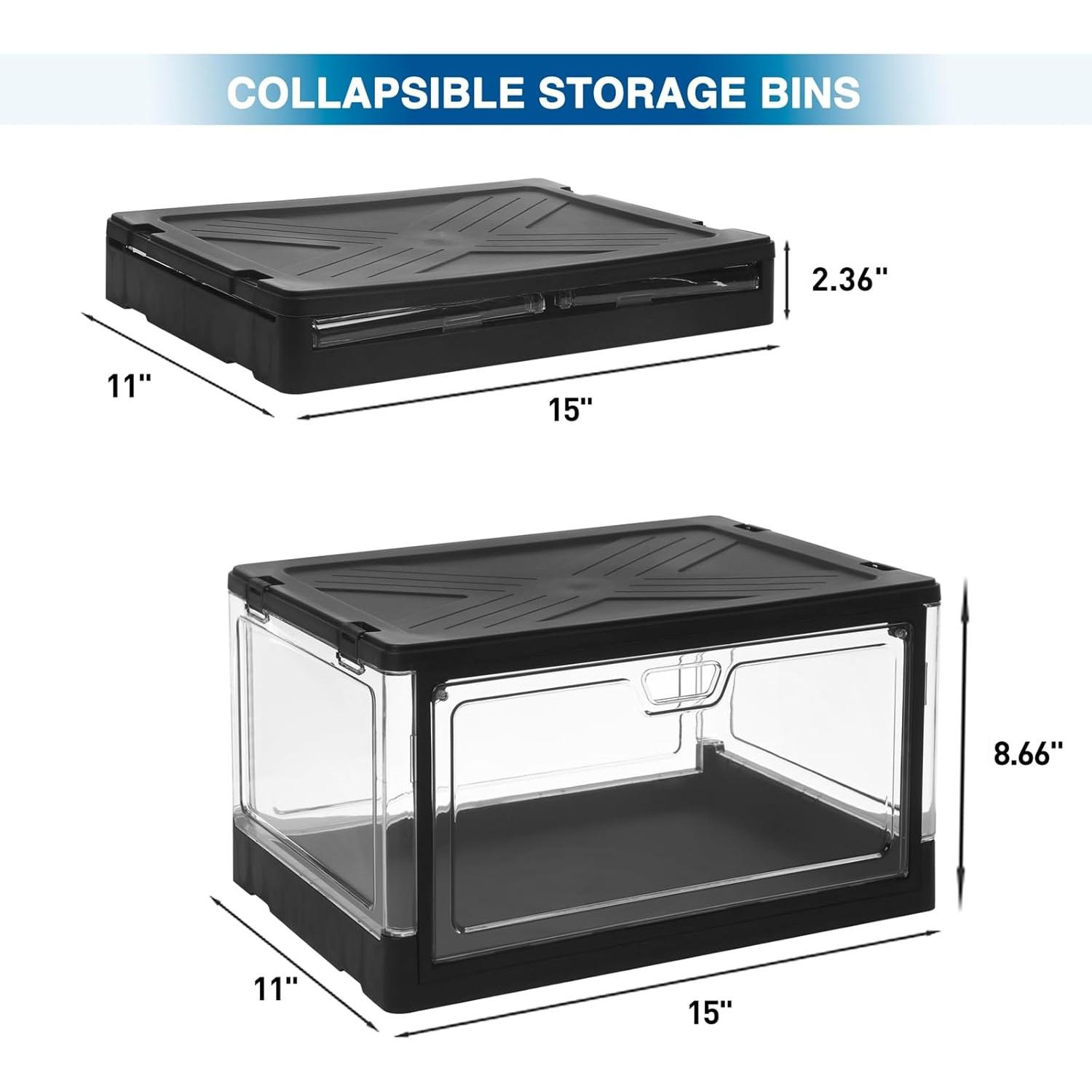 3-Pack Clear Stackable Storage Bins with Lids Magnetic Doors Open Front Foldable Folding Plastic Craft Containers Large Closet Organizers Box for Bedrooms Living Rooms Study 24 QT