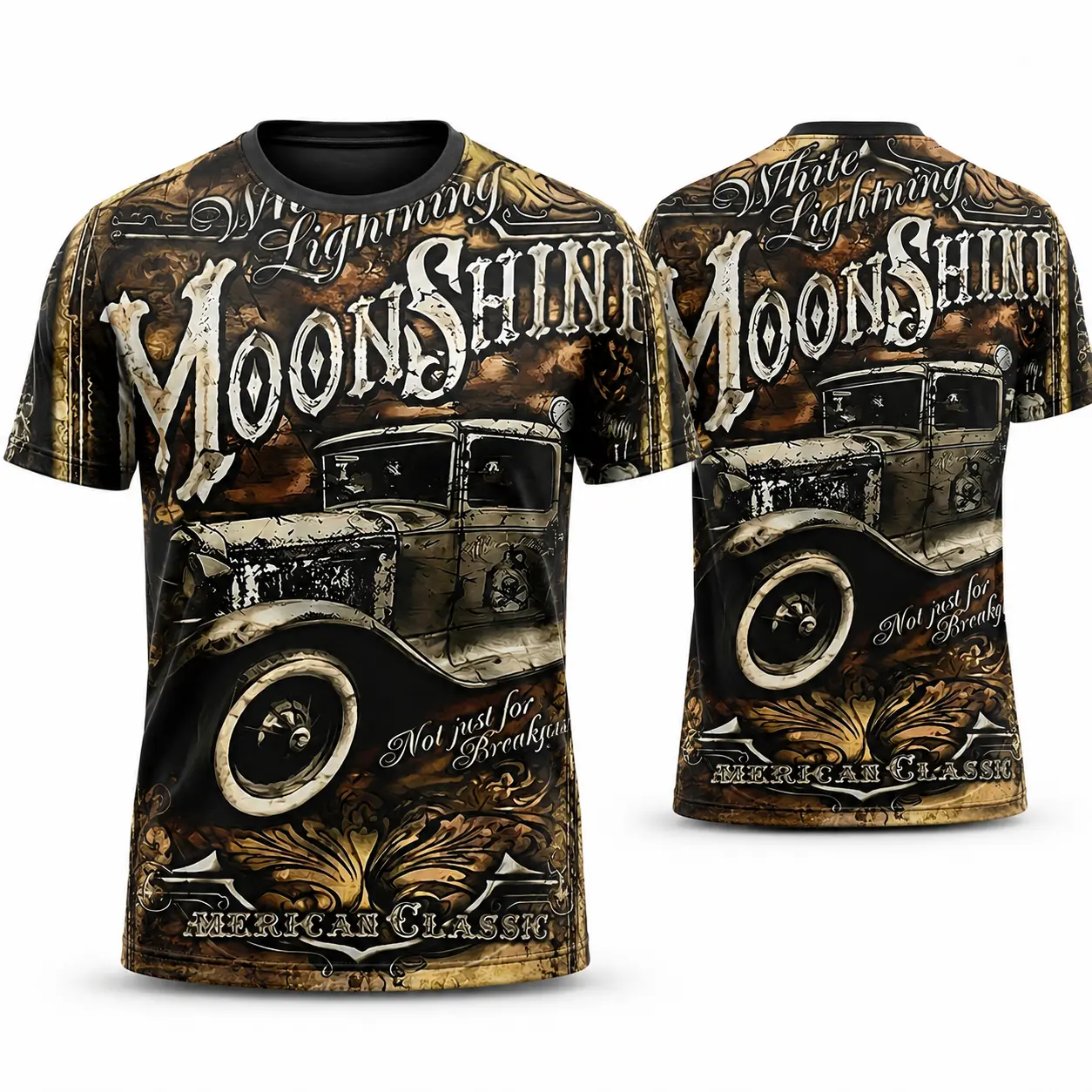 Men's Vintage Hot Rod Graphic Tee, Moonshine Classic Car All-Over Print Short-Sleeve Tshirt, Lightweight Stretch Polyester Knit Round Neck Casual Retro Menswear Top
