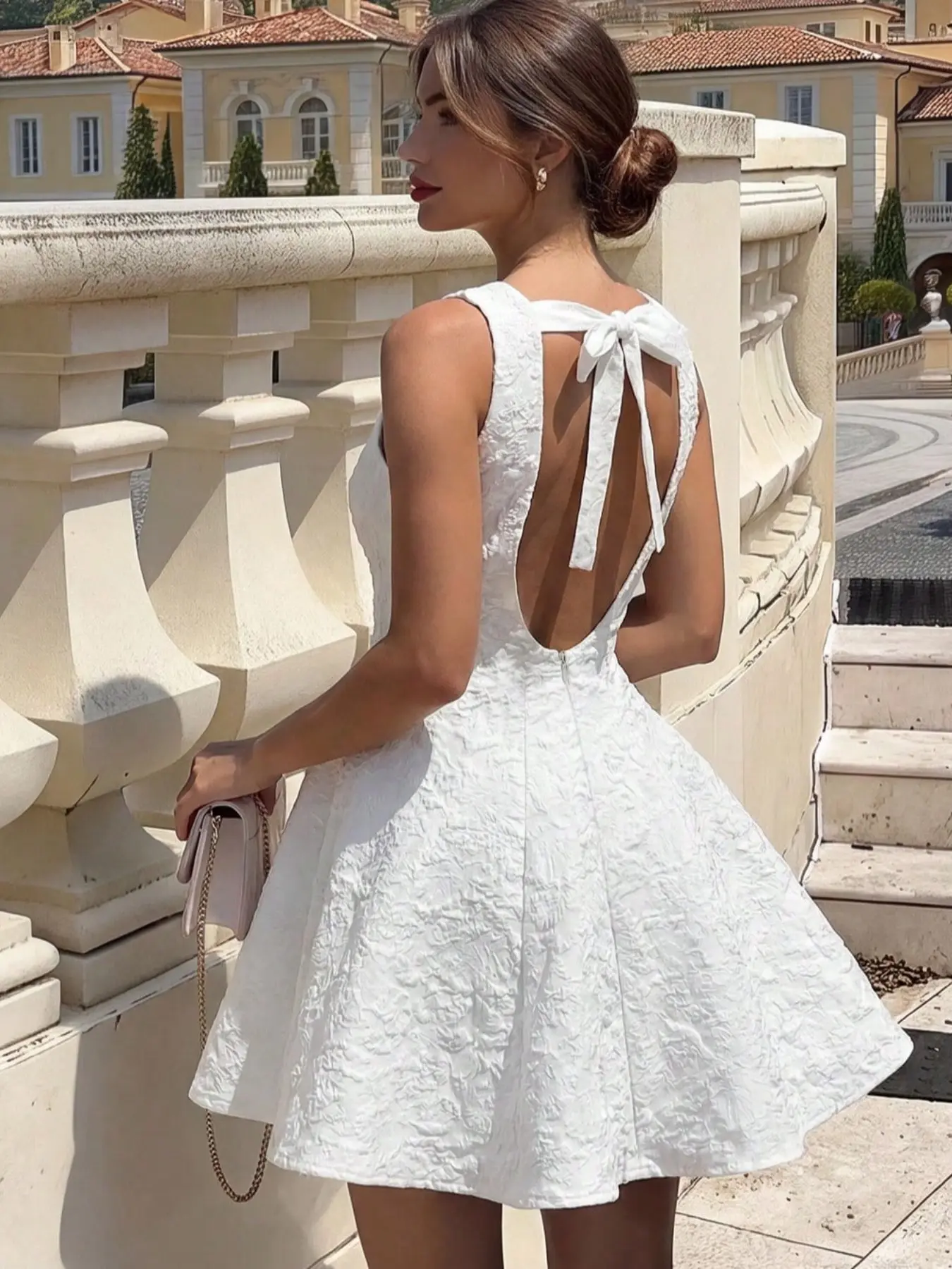 Women's White Embossed Textured Skater Dress Sleeveless A-Line Formal Teen Dresses For Graduation Mini Dress Summer Casual Wear Elegant Chic Dress