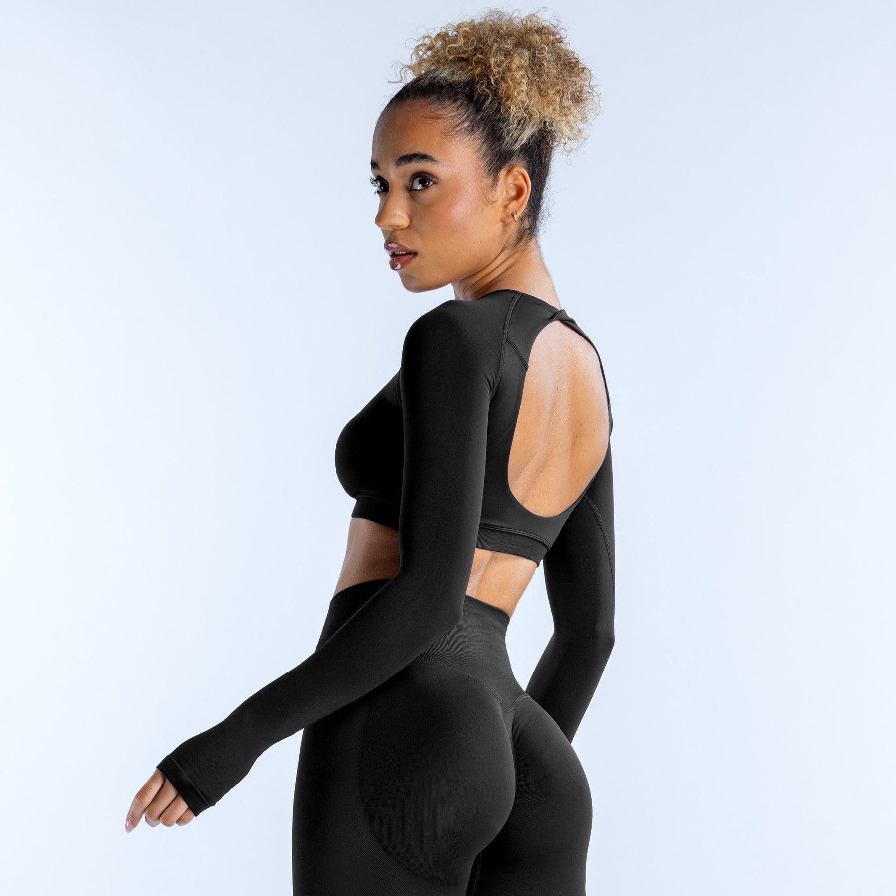 2026 DFYNE Round Neck Crop Top Navel-Baring Hollow Back Long Sleeve High Stretch Yoga Gym Shirt for Women