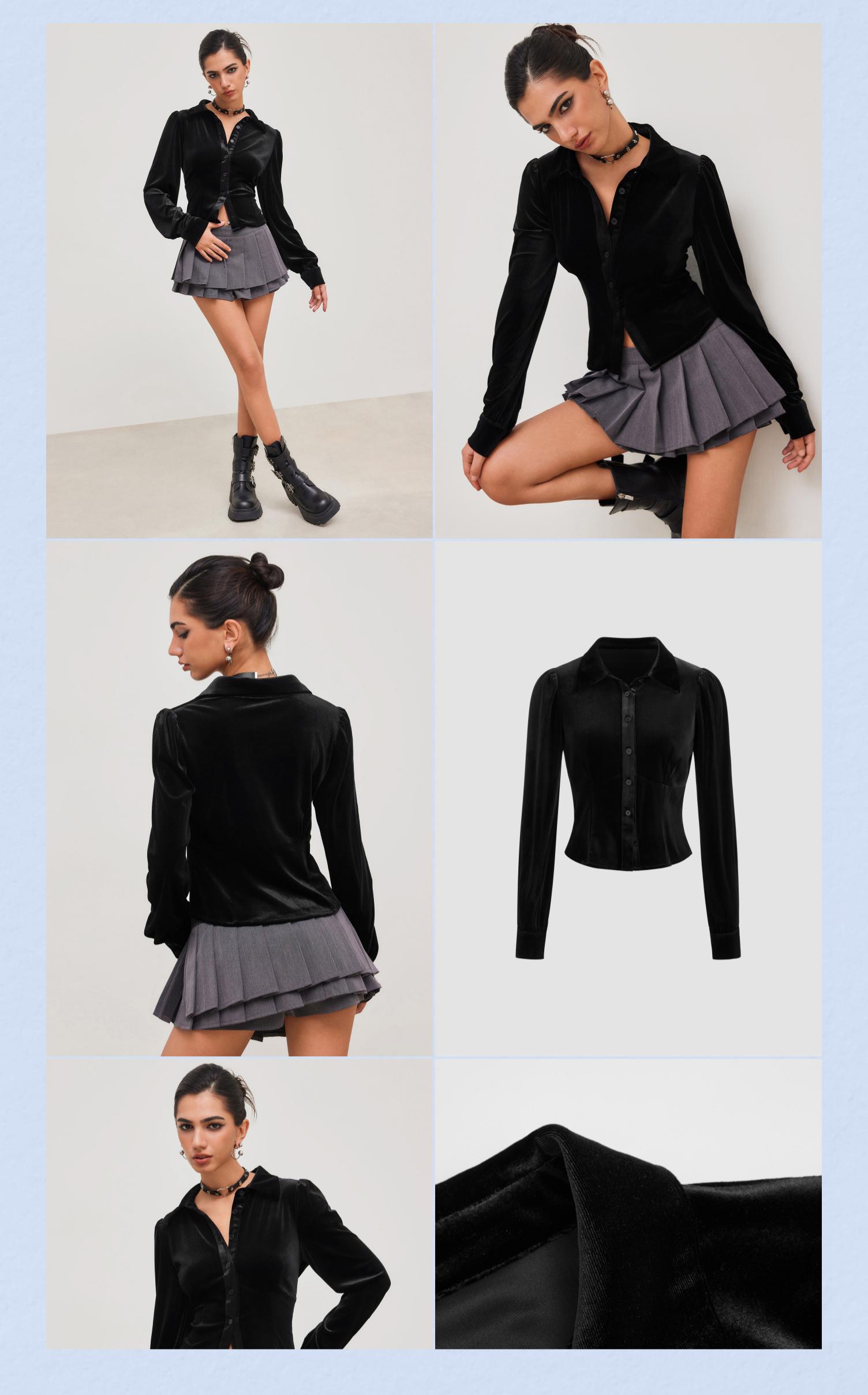 Cider [2 colors, size 2-10] Velvet Collar Solid Button Long Sleeve Blouse