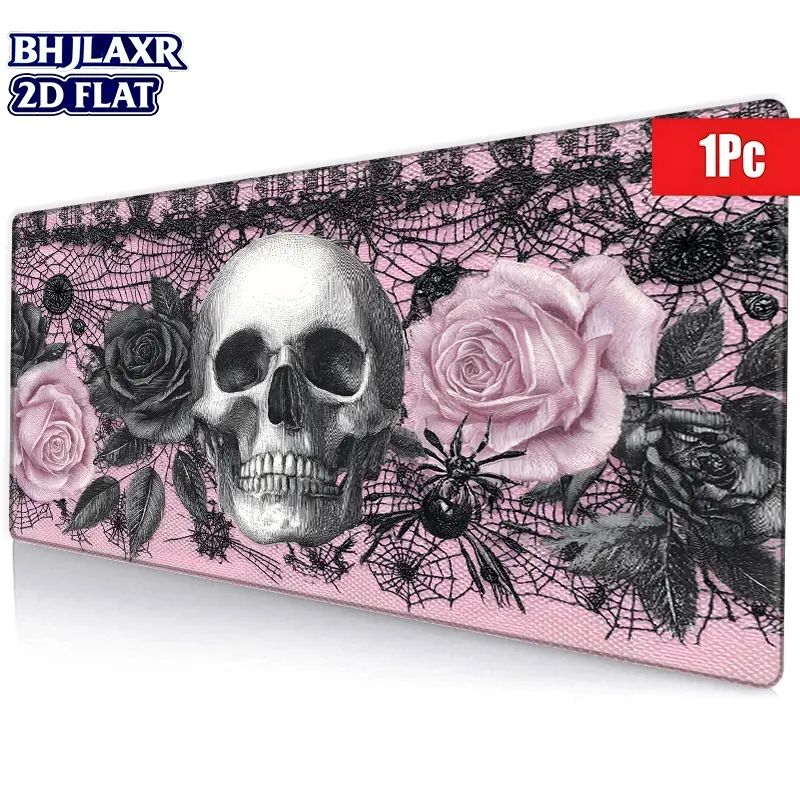 1Pc 2D Flat XXL Aesthetic Pink Rose Skull Spider Web Mouse Pad, HD Digital Printing, Non-Slip Rubber Base, Stitched Edges, Gothic Floral Desk Mat, Gaming Office Mouse Pad For Laptop Computer Desktop Decor, Gaming Mouse Pads