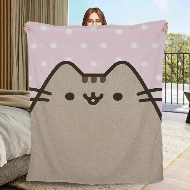 Pusheen Cat Kawaii Adorable Ultra Soft Flannel Throw Blanket, Bedroom Office Nap Home Decor, Matches cooling blankets pillows couch cover for sofa bedding set comforter set, Halloween Birthday Christmas Warm Snuggle Gift For Anime Couple Fans
