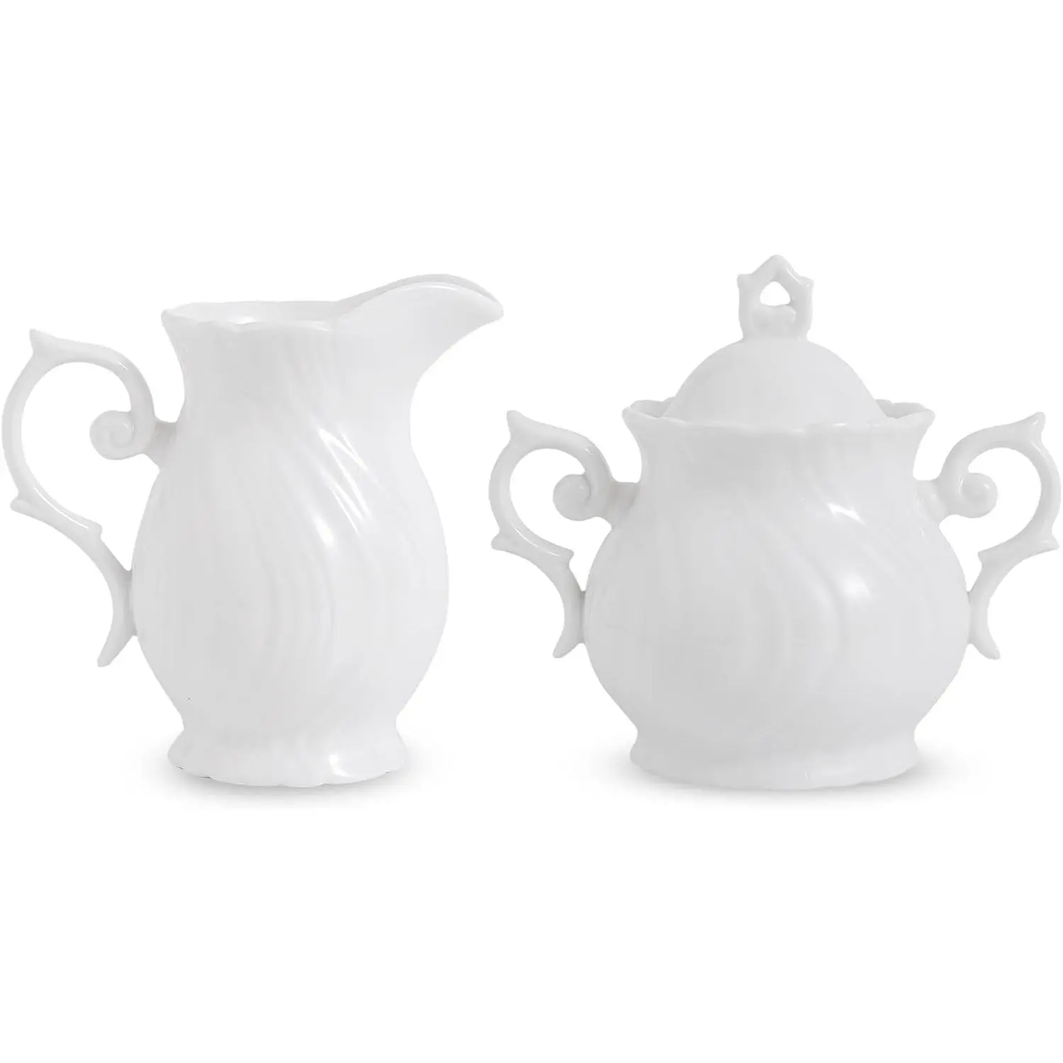 Ceramic Sugar and Creamer Set, Creamer Pitcher with Handle and Lidded Sugar Bowl, Sugar Cube Dish for Coffee or Tea, White