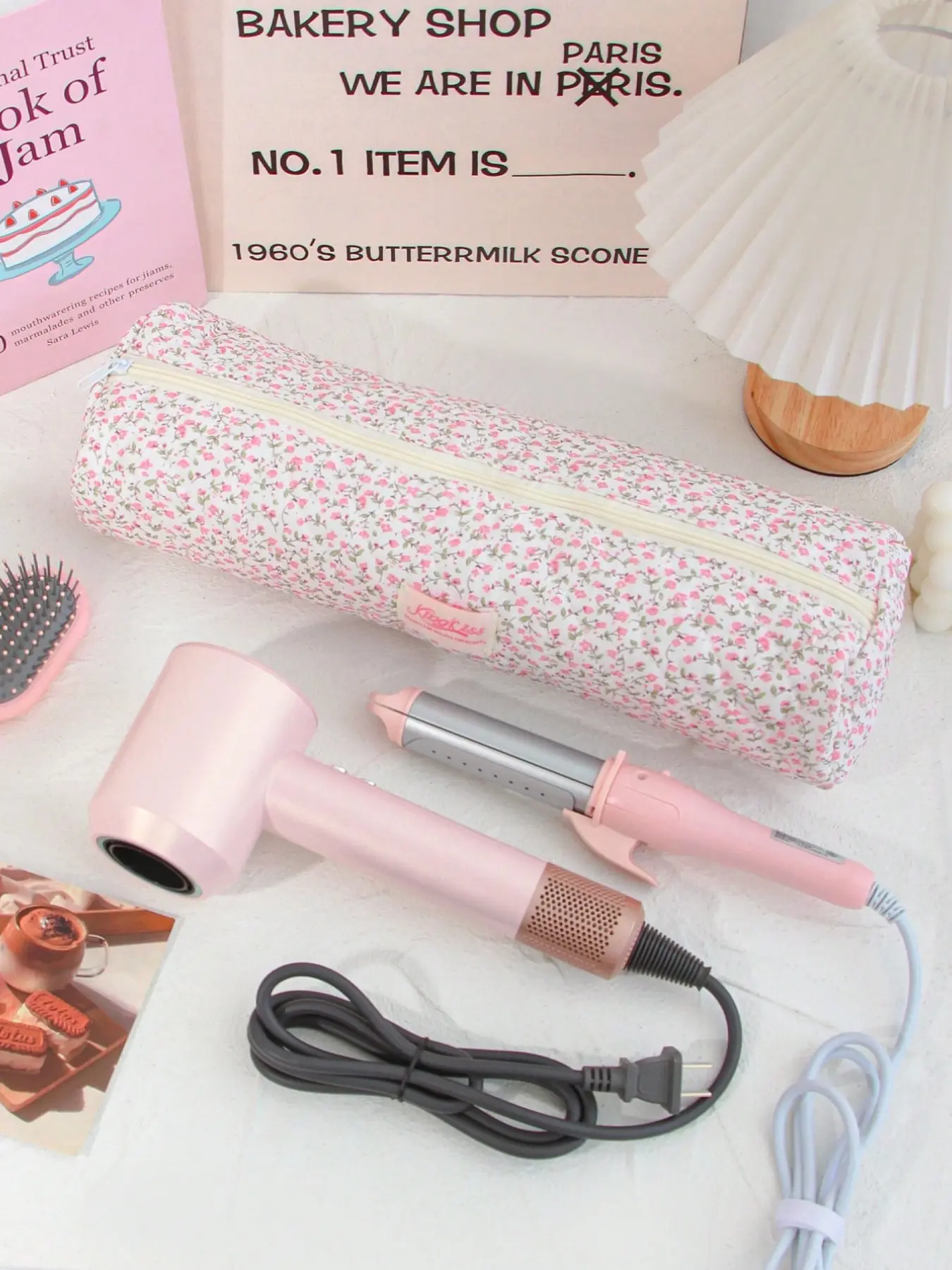 Printed Bow Women's Hair Dryer Curling Iron Storage Bag, Portable Beauty Cosmetics Zipper Pouch, Travel Essential, Perfect Gift