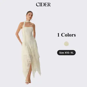 Cider Asymmetric Lace Strapless Maxi Dress with Choker Scarf