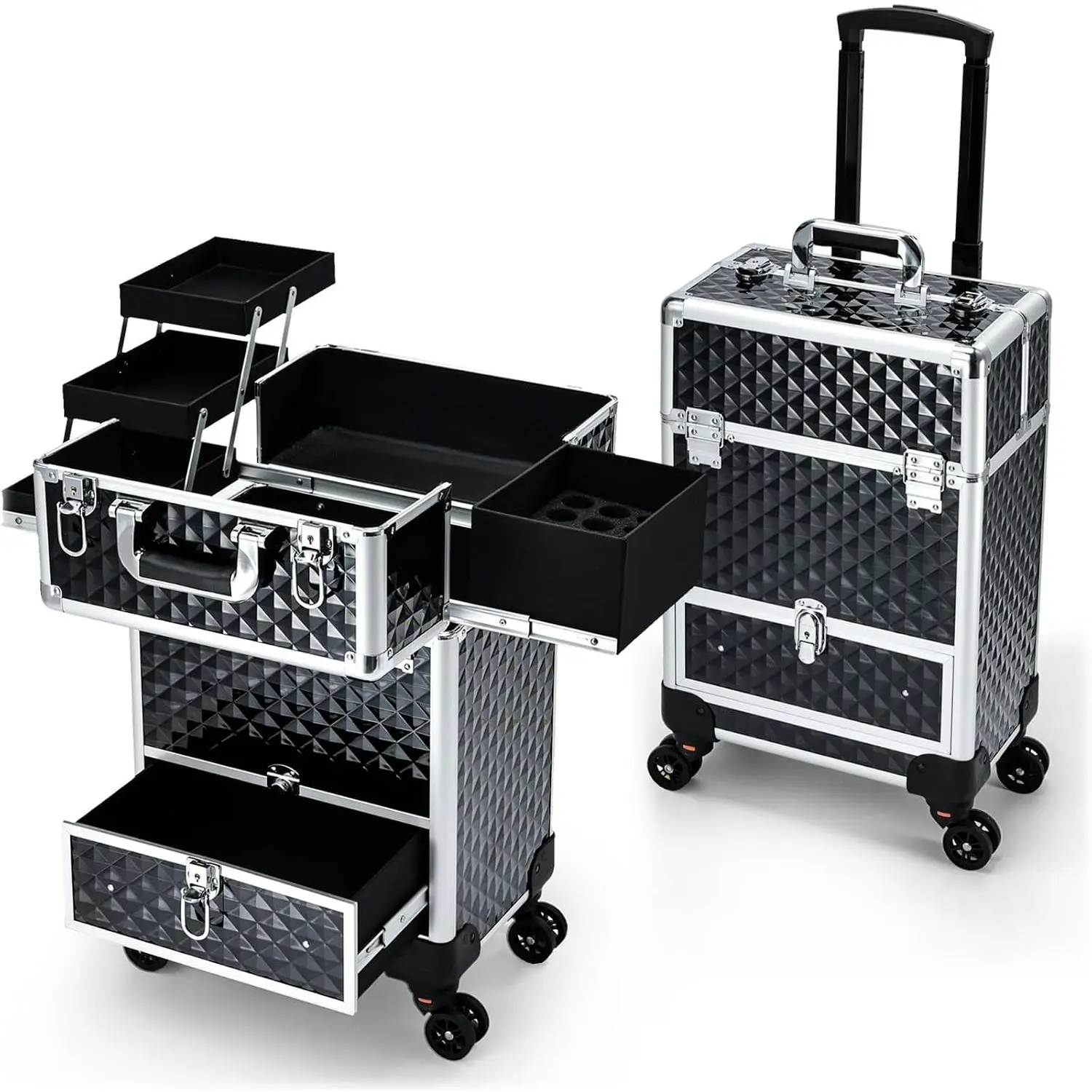 Rolling Makeup Case  Travel Trolley Storage Sliding Drawer 4 Tray Makeup Travel Case with Wheels Salon Barber Case Traveling Cart Trunk for Cosmetologist  Tech Hairstylist Black