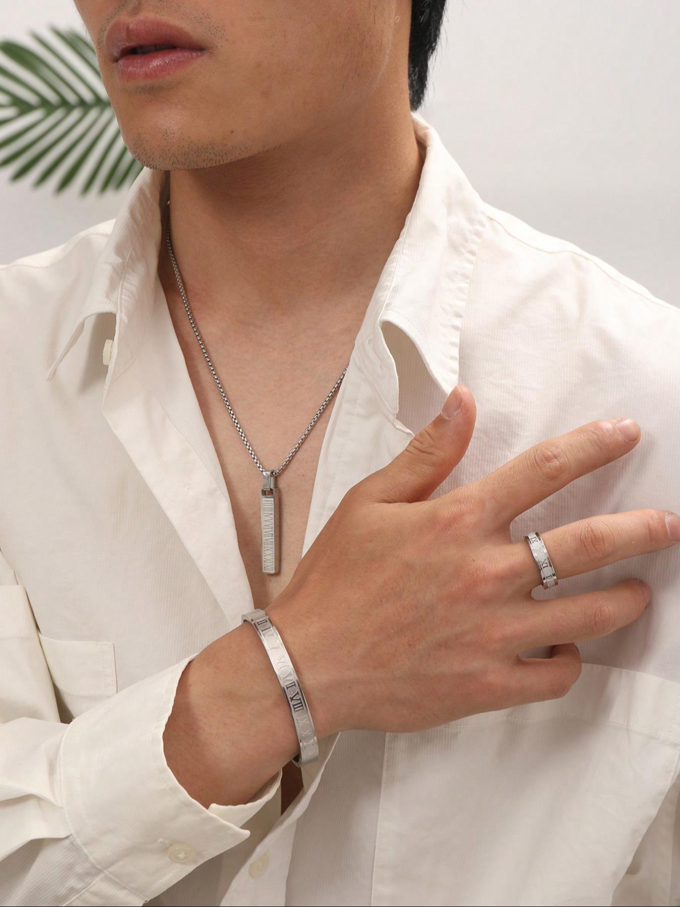 Men's Minimalist Temperament Stainless Steel Jewelry Set, Casual Trendy Letters Engraving Pendant Necklace & Bangle & Ring, Fashion Accessories for Daily Wear
