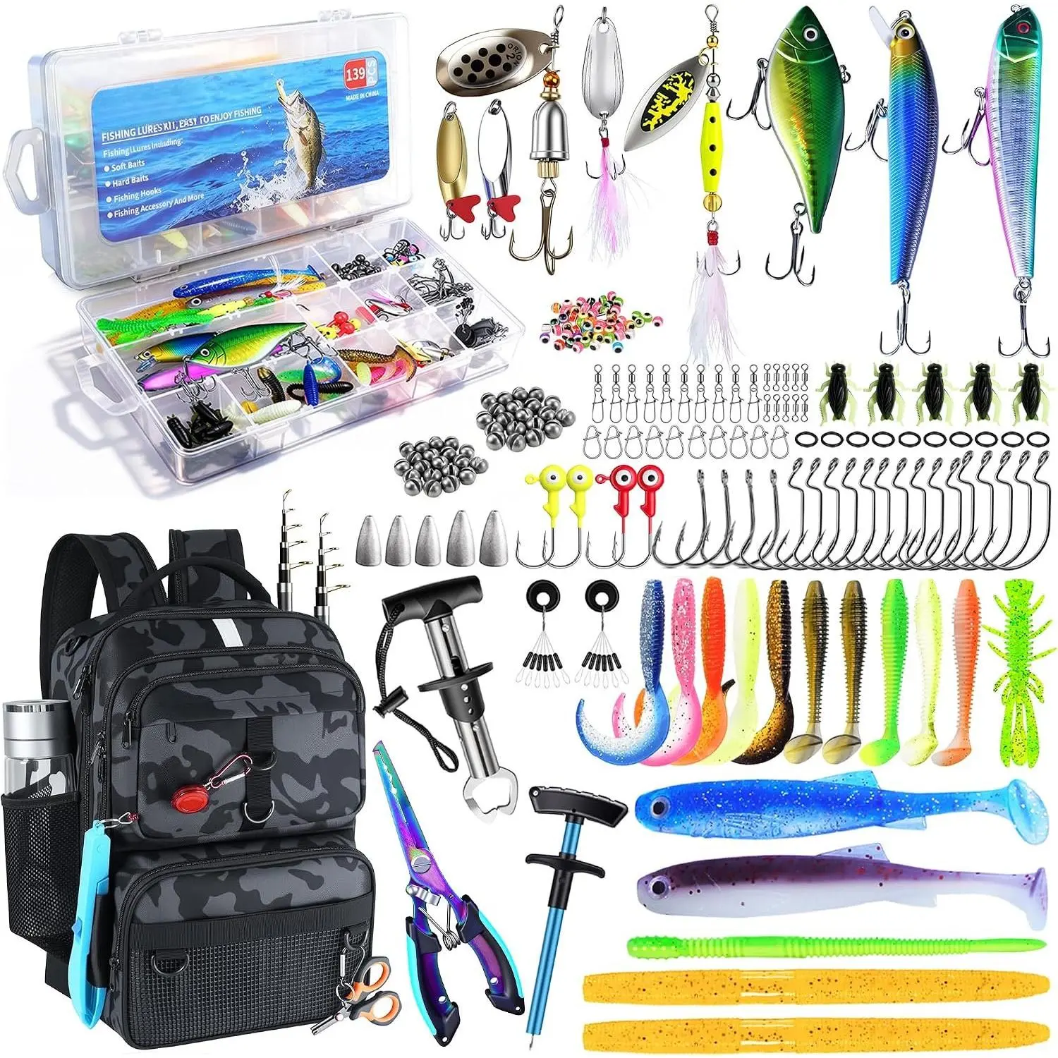 Fishing Backpack with Tackle Boxes and Rod Holder, Fish Lure Kit and Tool |  Tackle Backpack 24L Fishing Bag with Fishing Gear, Accessories, Gifts for Men Women Outdoor Black Camo  Pack