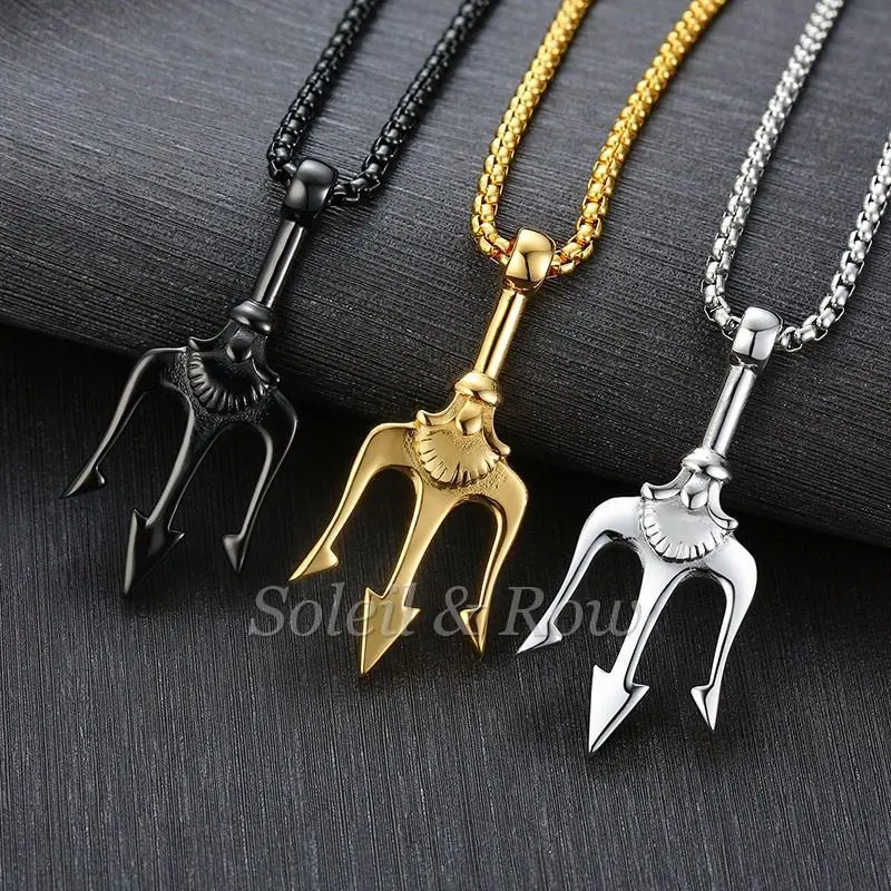 Neptune's Trident Pendant Necklace - Retro Mythical Sea King Poseidon Harpoon Design, Men's Fashion Trend Jewelry, Ocean-Inspired, Chain, Solid Titanium, Ocean-Inspired Necklaces, Chain Jewelry Necklaces
