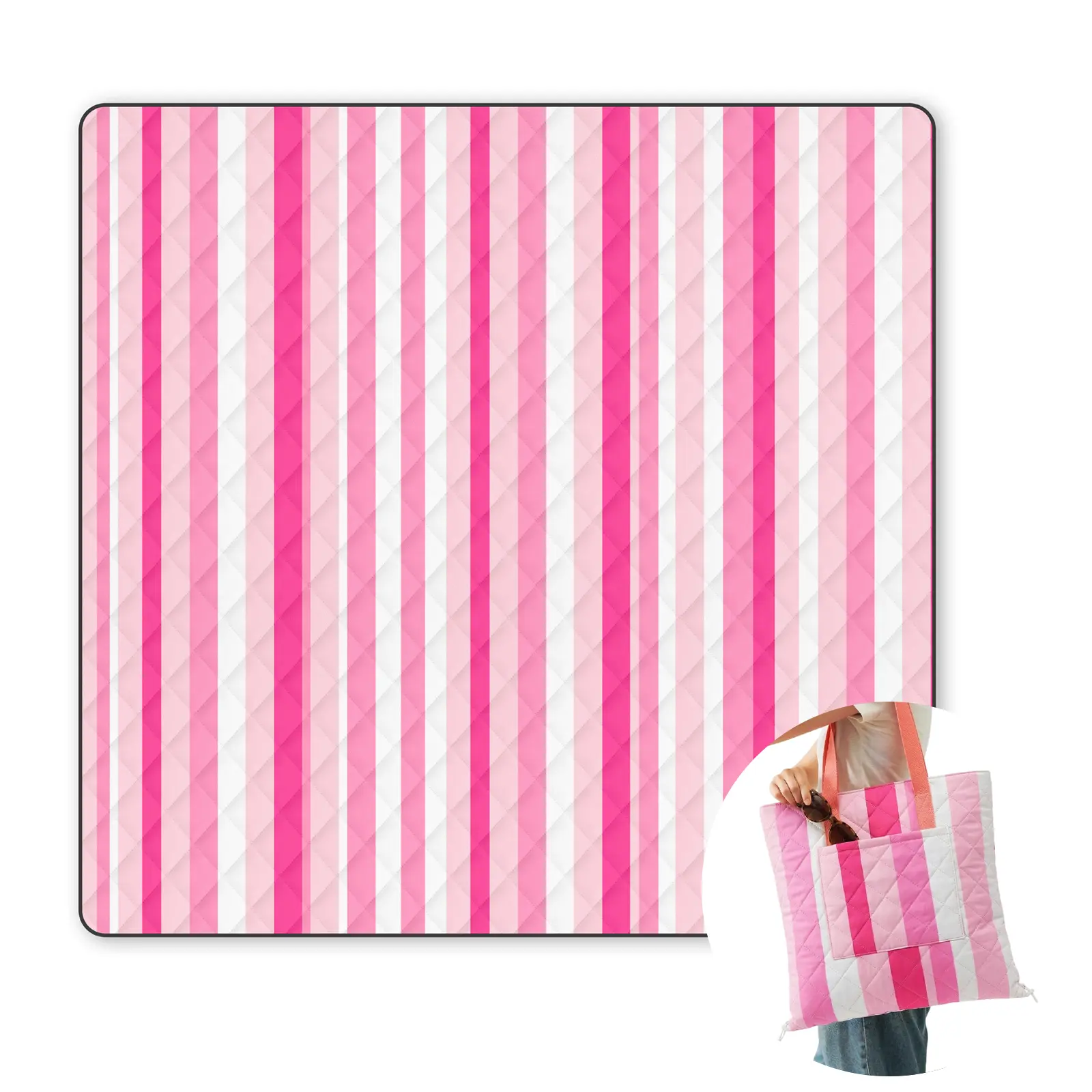 Pink Striped Quilted Blanket with Matching Tote Bag - Soft and Cozy for Outdoor Use