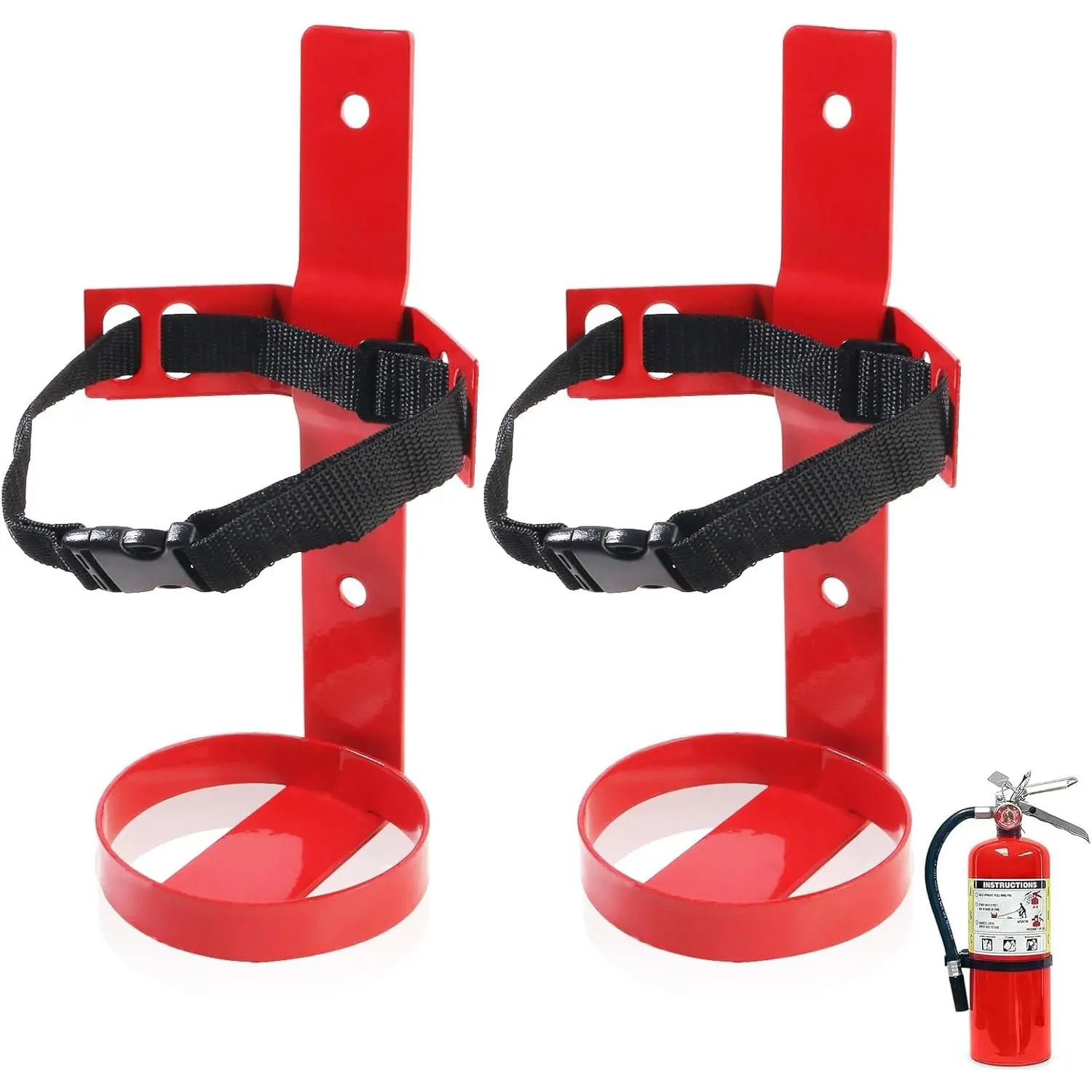 Fire Extinguisher Mount, 2.5LB Fire Extinguisher Bracket Wall Hanging Holder with Adjustable Straps for Home, Office, Garage (Red 2Pcs)