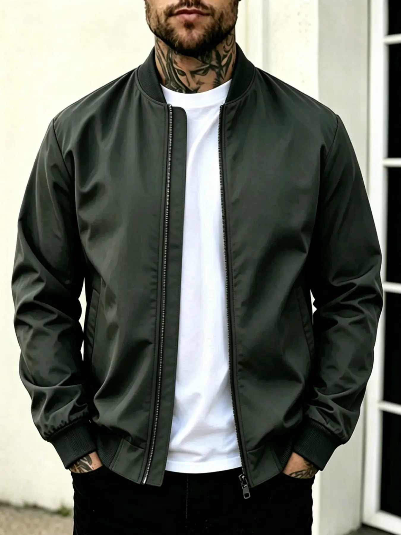 Men's Lightweight Windproof Flight Jacket, Full Zip Solid Color Casual Coat, Ideal for Daily Wear and Street Style, Business Commute