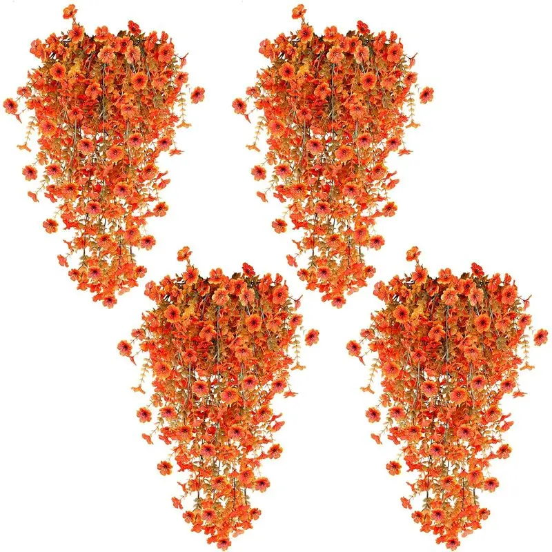 4 Pack Artificial Hanging Fall Flowers, UV Resistant Faux Mums Hanging Baskets, Realistic Silk Daisy Floral Plants for Outdoor Porch, Patio, Planter, Window & Home Autumn Thanksgiving Flower Decorations