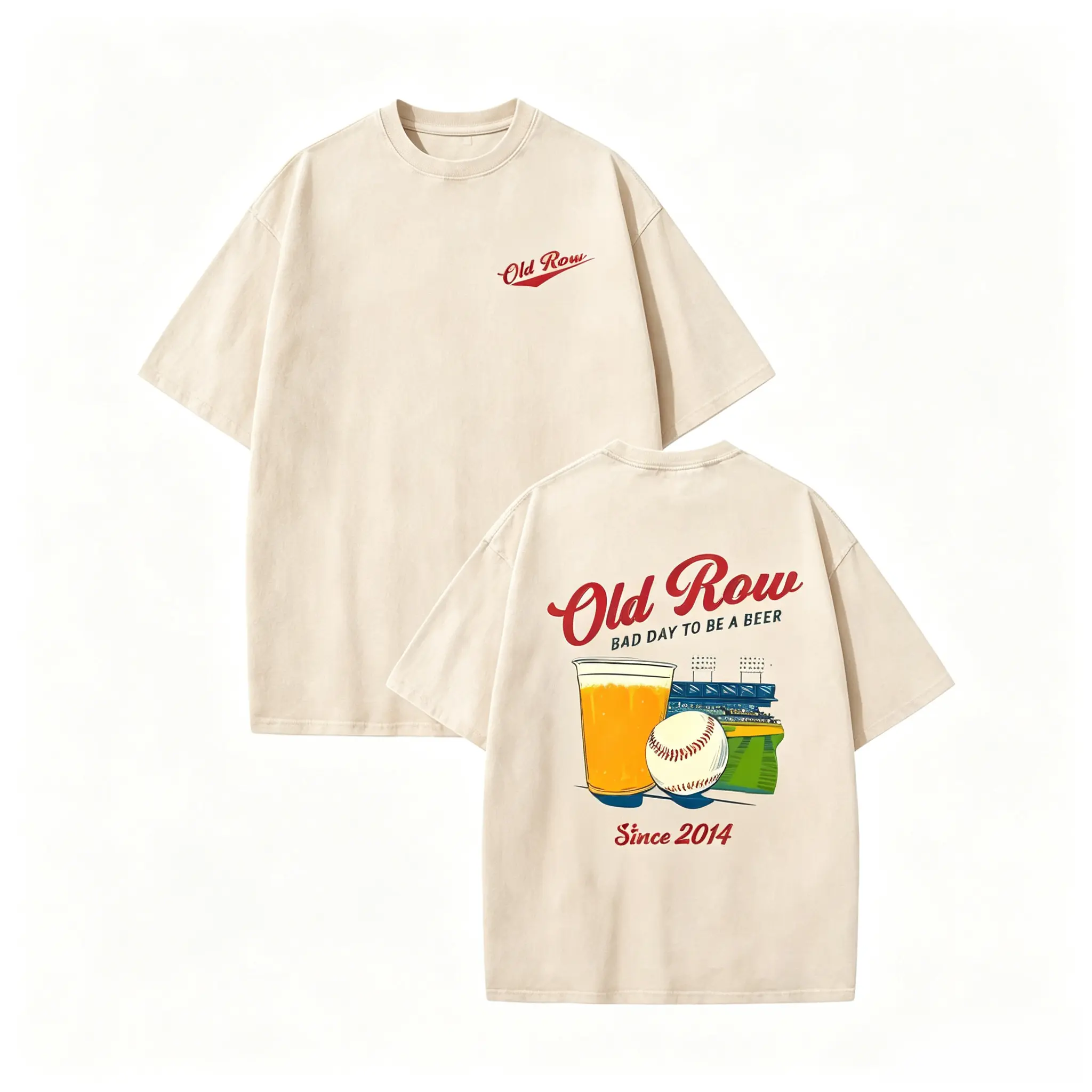 OLD ROW Baseball Beer Sports Pattern Printing 230g Washed  T-Shirt, Classic Retro Fashion Casual Bad Day Without Beer Is Impossible, Men's Summer High-Quality Printed Washed  Retro Fashionable Spring/Summer Top