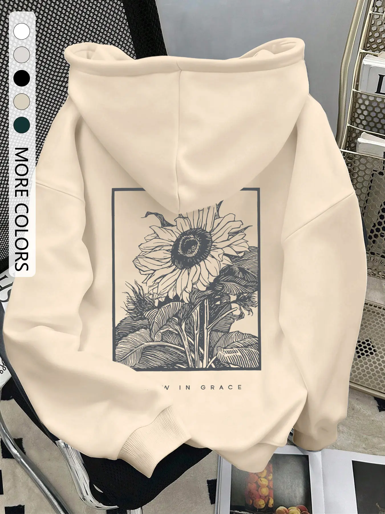 Women's Sunflower Print Drop Shoulder Hoodie, Casual Loose-Fit Adjustable Drawstring Pocket Sweatshirt, Fall Winter Outerwear for Daily Wear
