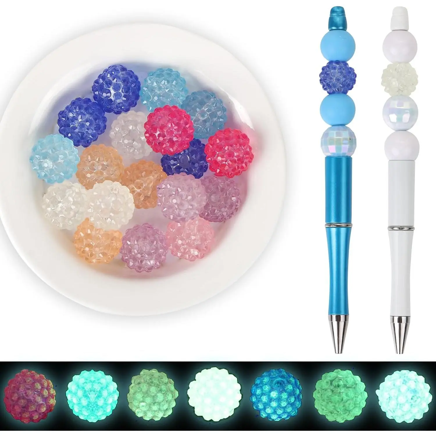 20 count 16mm Glow in The Dark Rhinestone Beads for Pens Luminous Bling Glitter Transparent  Space Bead for DIY Art Craft Bracelet Necklace Earrings  Pen  Making Supplies