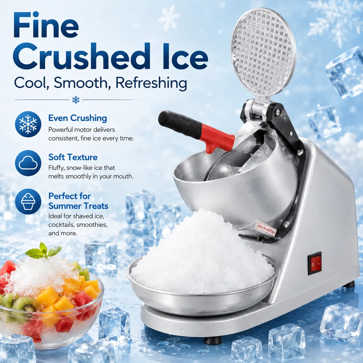 Electric Ice Crusher Machine for Home & Commercial Use, Stainless Steel Snow Cone Maker with Fine Shaved Ice Texture, Powerful Motor, One-Touch Operation for Drinks