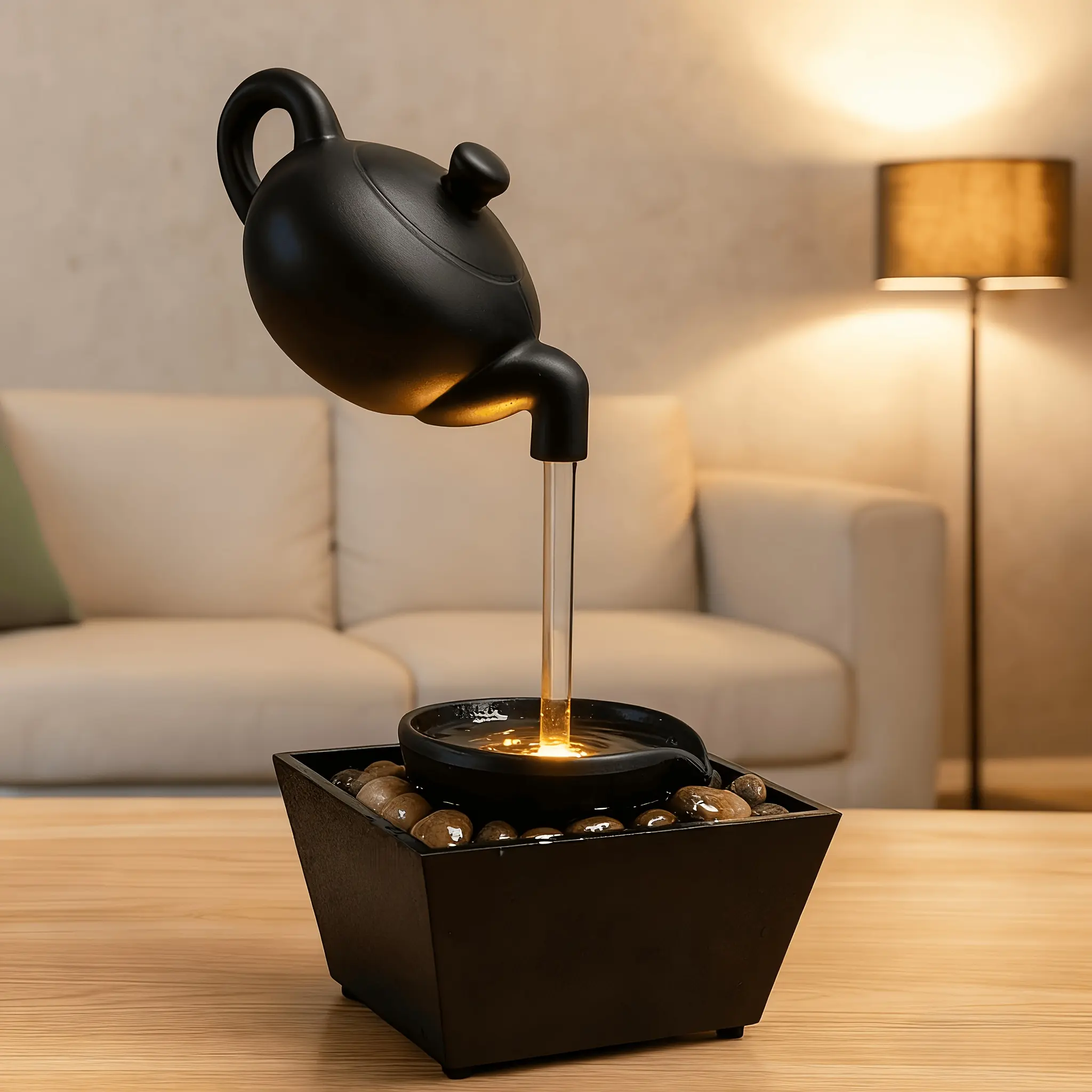 Zen Teapot Water Fountain Lamp with Soothing LED Glow & Water Flow, Black Resin Relaxation Fountain with Pebble Bed, Home/Office Decor Meditation Aid, Warm Light Gift