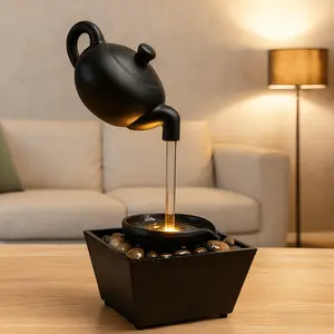 Zen Teapot Water Fountain Lamp with Soothing LED Glow & Water Flow, Black Resin Relaxation Fountain with Pebble Bed, Home/Office Decor Meditation Aid, Warm Light Gift