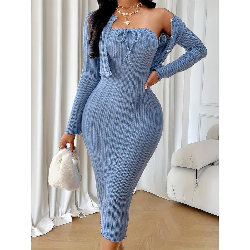 Elegant Ladies Two-Piece Set: Chic Solid Color Bow Tie Dress and Short Coat-Long Sleeve, Rib Knit, Machine Washable, Texture, Shirt Womenswear Womenswear