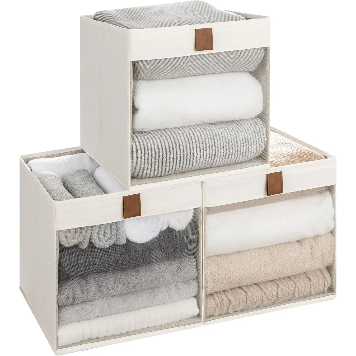 11x11 Storage Cubes, Closet Storage Bins with Clear Window, Fabric Organizer for Clothes, Collapsible Storage Baskets with PU Handles, Beige, 3-Pack
