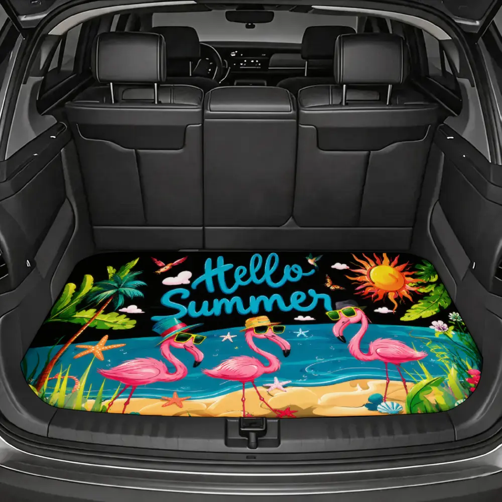 Summer Style, Car Trunk Mat, Hello Summer Flamingo Beach Pattern, Waterproof Non-Slip Fabric, For Family Road Trips And Vacation Travel, 1 Piece Universal Fit