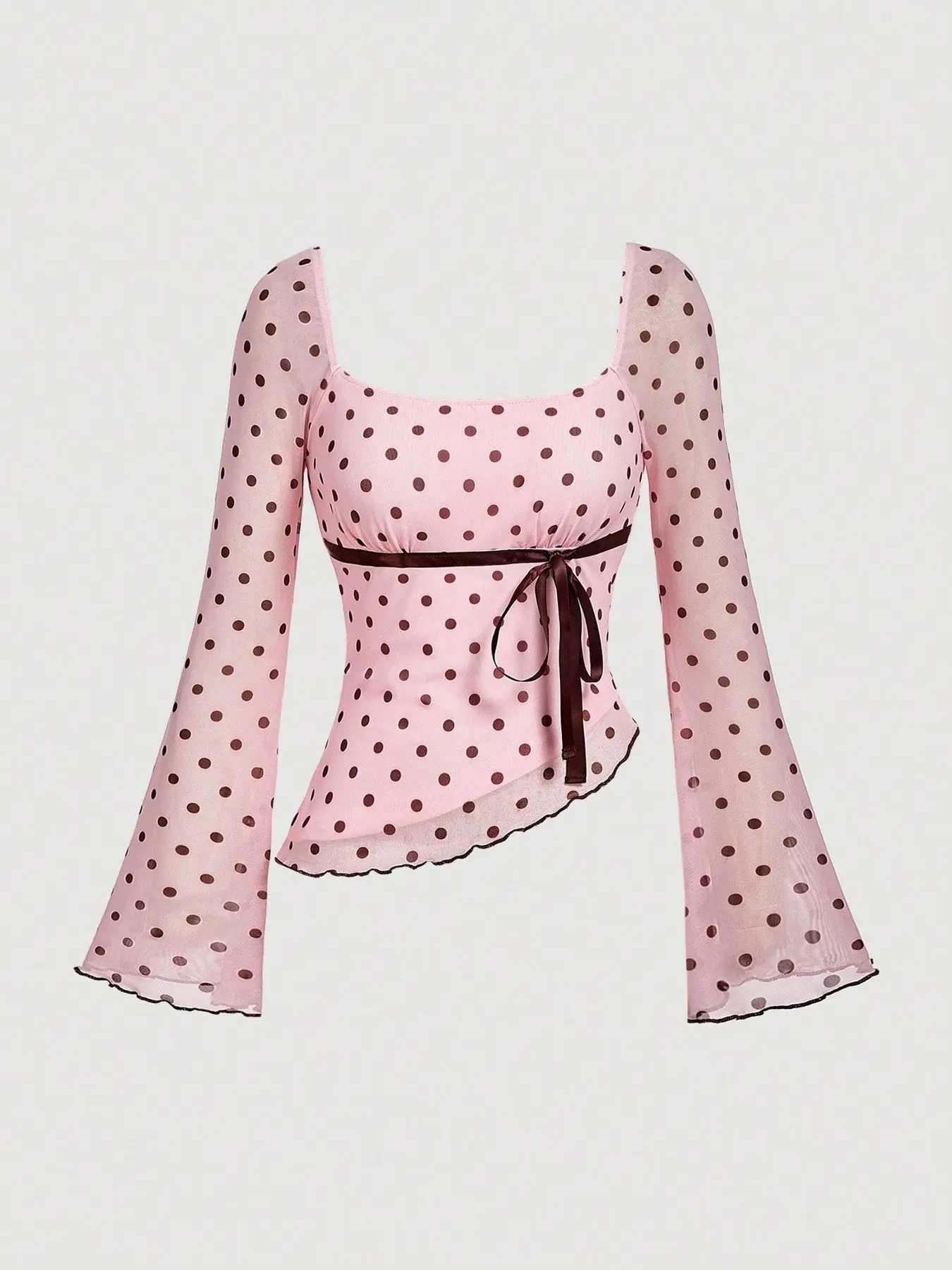 Women Square Neck Polka Dot Print Crop Top Contrast Front Tie Flare Long Sleeve Ruffle Hem Asymmetrical Hem Slim Fit Blouse Sweet Style Outfit For Daily Dating Casual Gathering