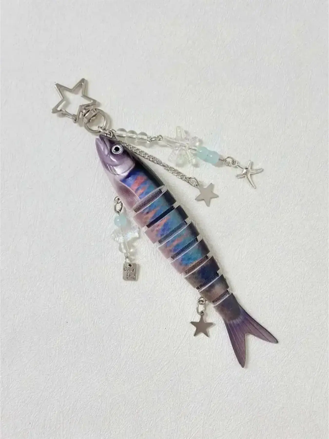 Movable Articulated Fish Bag Charm Y2K Ocean Aesthetic Keychain with Star Starfish Crystal Bead Charms, Anti-tarnish Metal Spring Ring Prevent Loss, Spice Up Plain Tote Backpack Handbag, Sold Separately Single Piece Limited Stock