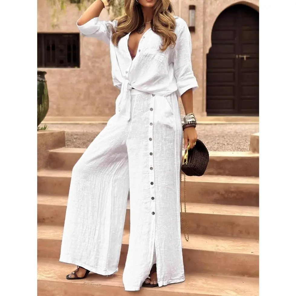 Lady's 2-Piece Basic Minimalist Casual All-Season Outfit - Longsleeves Loose Fit Shirt with Tie Hem, Single Button Decorated Wide Leg Pants, Includes Free Matching Bracelet as Shown