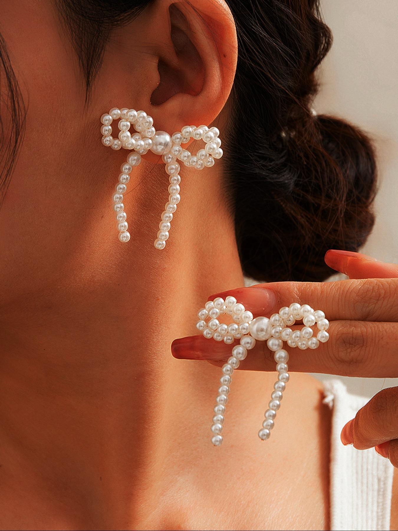 Gorgeous Faux Pearl Bow Decor Stud Earrings, Fashion Elegant Earrings Jewelry for Women, Daily Clothing Decor, Trendy Faux Pearls Craftsmanship Jewelry for Birthday Gift Fall, Mother's Day Gift, Versatile Earrings