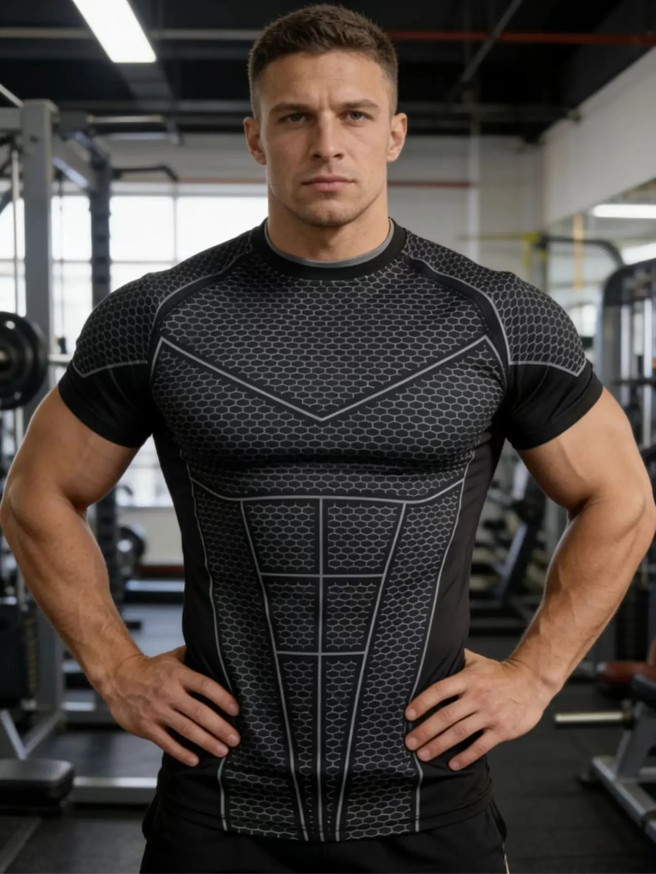 Men's Sporty Fitness T-Shirt, High Elasticity Quick-Dry Breathable Fabric, Compression Fit, Ideal for Gym Training, Plain Design