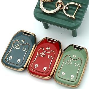 Key Fob Cover Compatible with Chevy Chevrolet Suburban Tahoe GMC Terrain Yukon Yukon XL Smart 6 Buttons TPU Remote Keyless Key Fob Case Protection Shell Accessories Blue with Metal Keychain