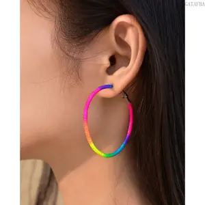 Colorful Braided Rope Wrap Alloy Hoop Earrings Trendy Unique Women Ear Jewelry for Commute Vacation Party