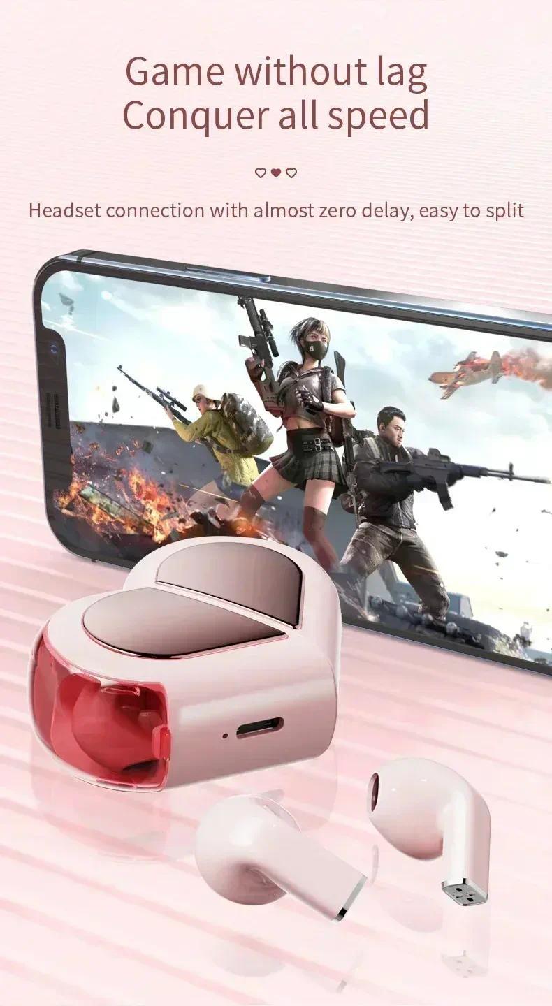 Cute Heart Shaped Rotatable Charging Case Earbuds, K520 Stereo Wireless Bluetooth Earphones, Low Latency Gaming Headset for Phone Tablet