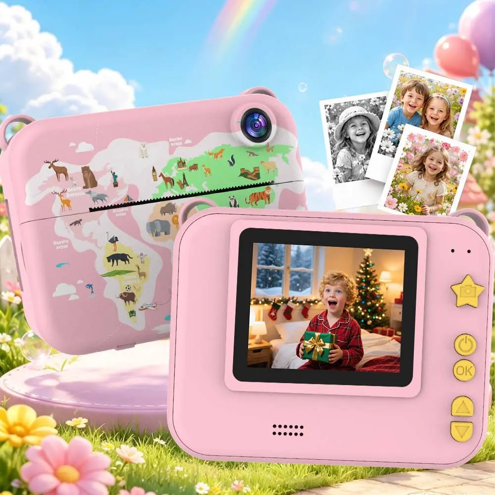 Instant Print Camera for Ages 4-12, Supports Selfie and Video Recording, Dual Lens Portable Digital Camera with 1300mah USB Rechargeable Battery, Kid Camera Instant Print
