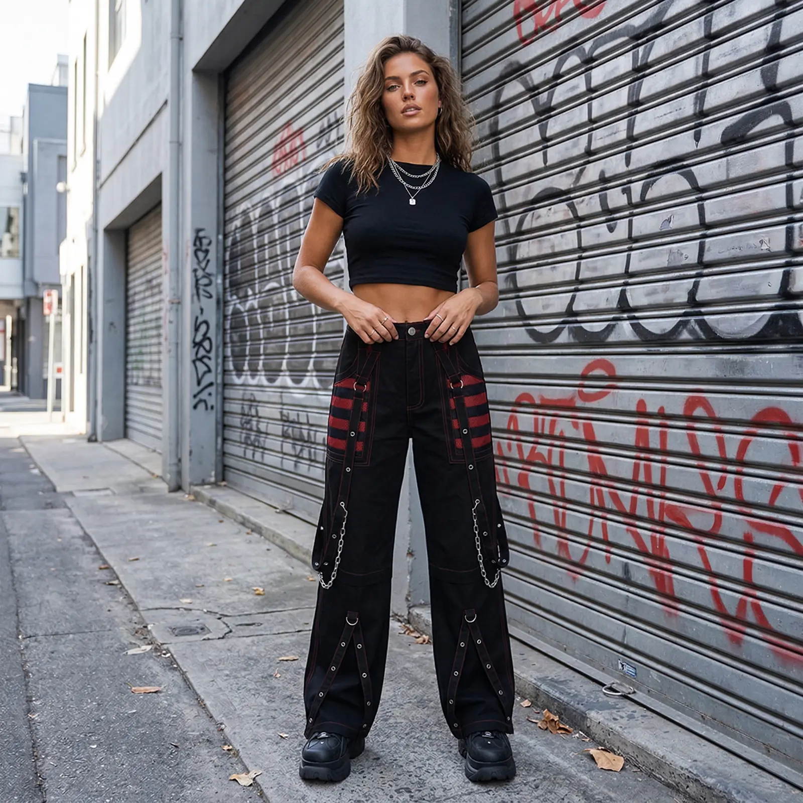 Women High Waist Punk Cargo Pants, Striped Mesh Patchwork Wide Leg Baggy Trousers with Chain Decor, Gothic Streetwear