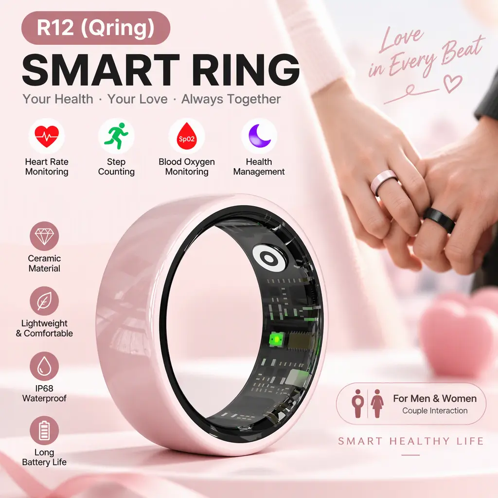 R12(Qring) Ceramic Couple Smart Ring, Interactive Function, Heart Rate & Blood Oxygen Tracker, Pedometer, Comprehensive Daily Health Management