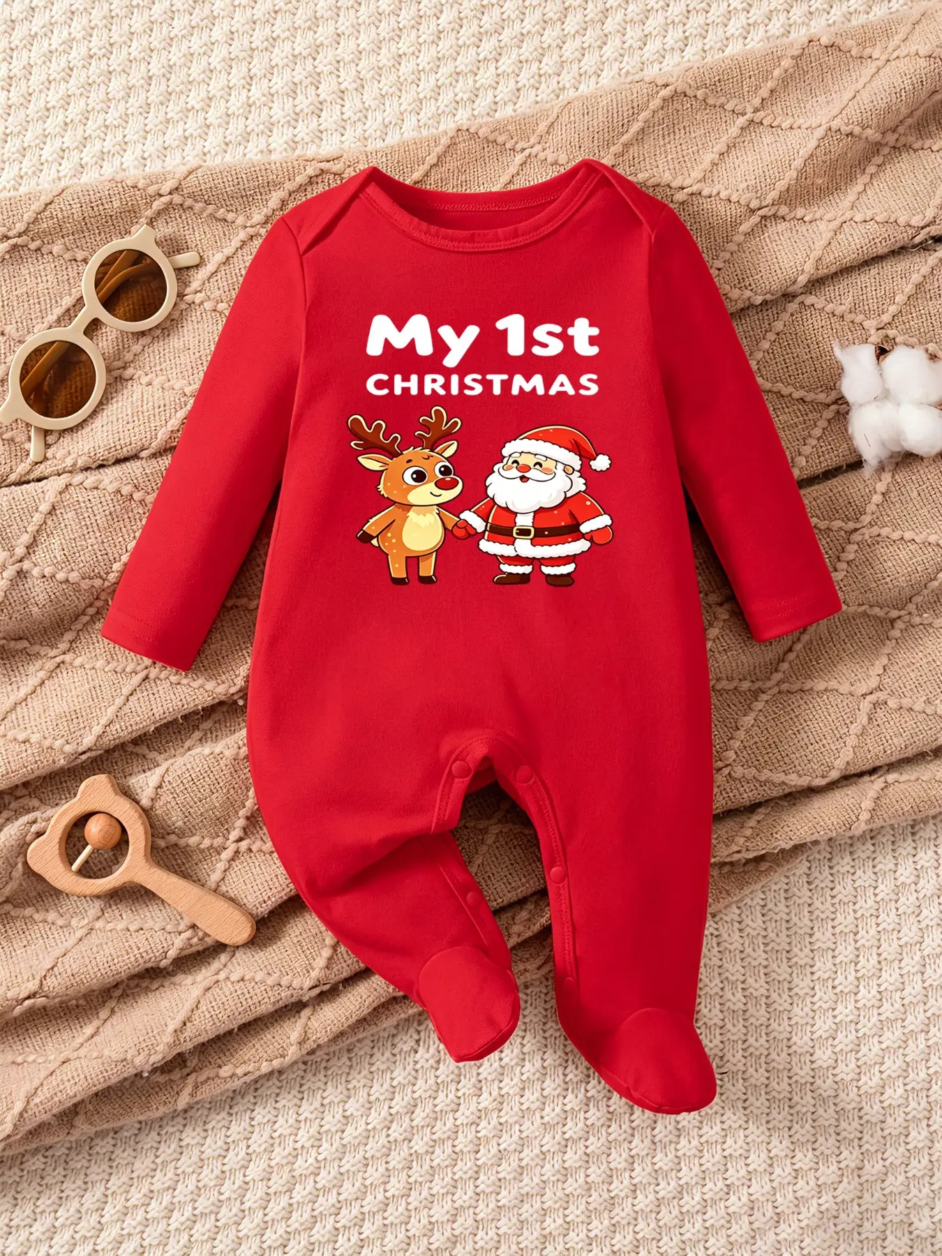 Cute Christmas Reindeer Santa Onesie for Newborns, Envelope Neck Pacifier Foot Crawling Suit, Cartoon Print Baby Clothes