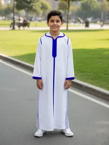 Moroccan Boy Colorblock Print Hooded Djellaba, 3D Decor Design, Side Pockets, Split Hem, Perfect for Kids 8-12 Years, Ideal Gift