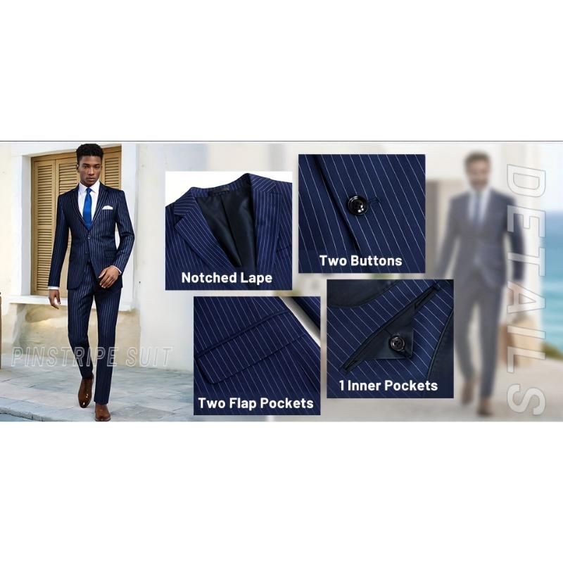 Men's Suit - 2pcs Navy Blue Pinstripe Blazer & Pants Formal Casual Wear for Weddings Business Meetings Menswear Gamis Polyester Lengthened Lengthy