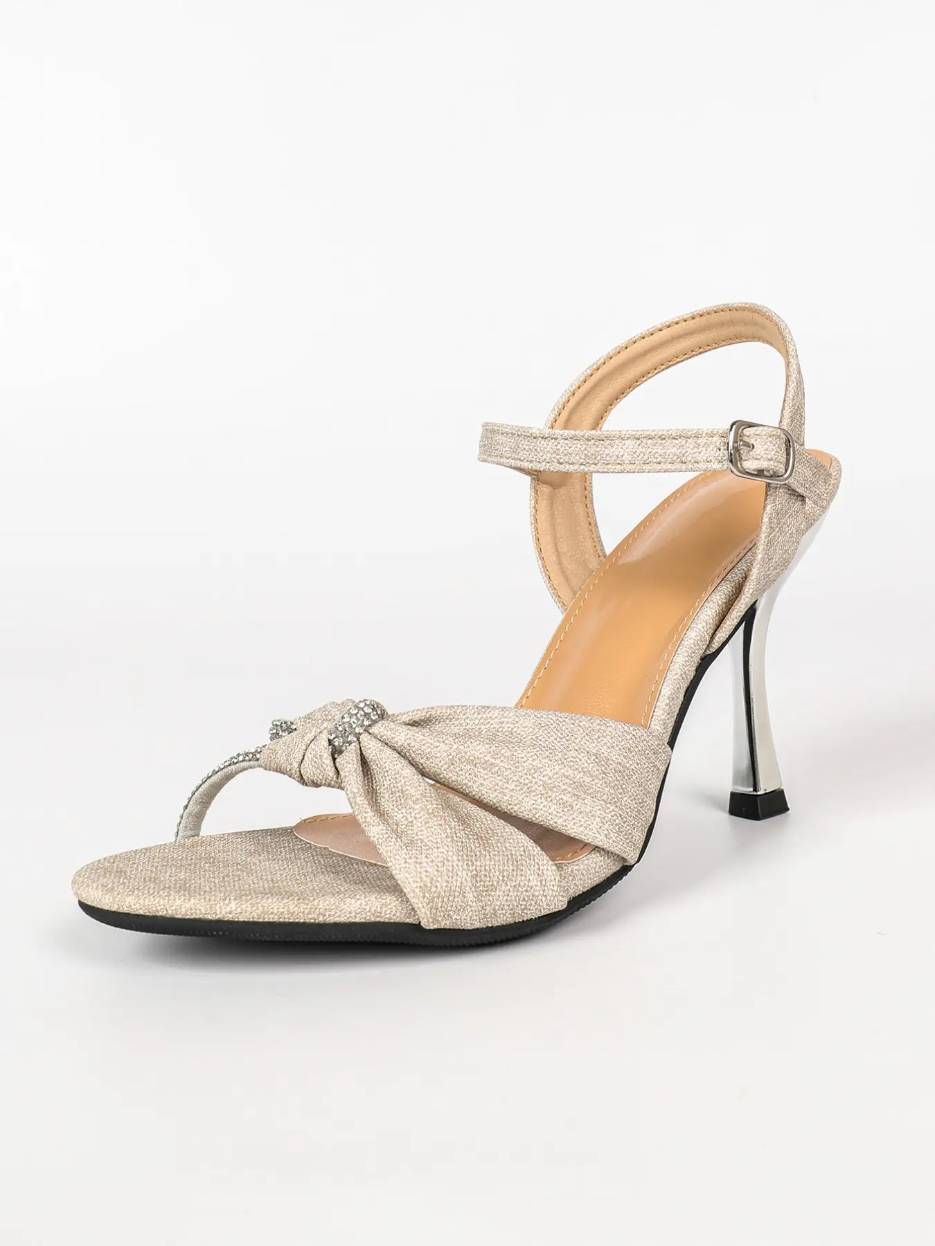 Women's Twisted Bow Rhinestone Decor Ankle Strap Sandals, Square Open Toe Metallic Stiletto High Heels, Linen Texture Dress Party Heeled Sandals