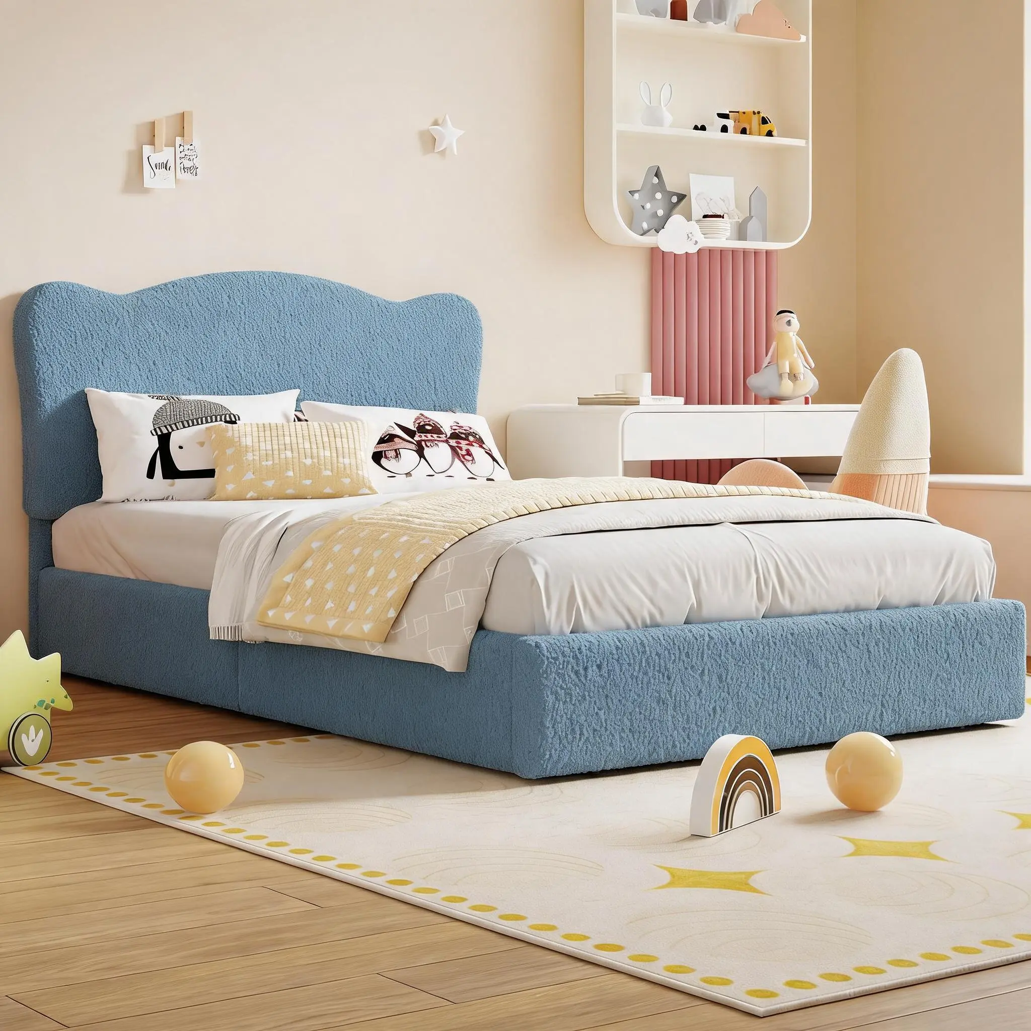 Twin Teddy Fleece Platform Bed with Scalloped Headboard & 2 Storage Drawers, Cream Upholstered Bed Frame, Wood Slat Support, No Box Spring