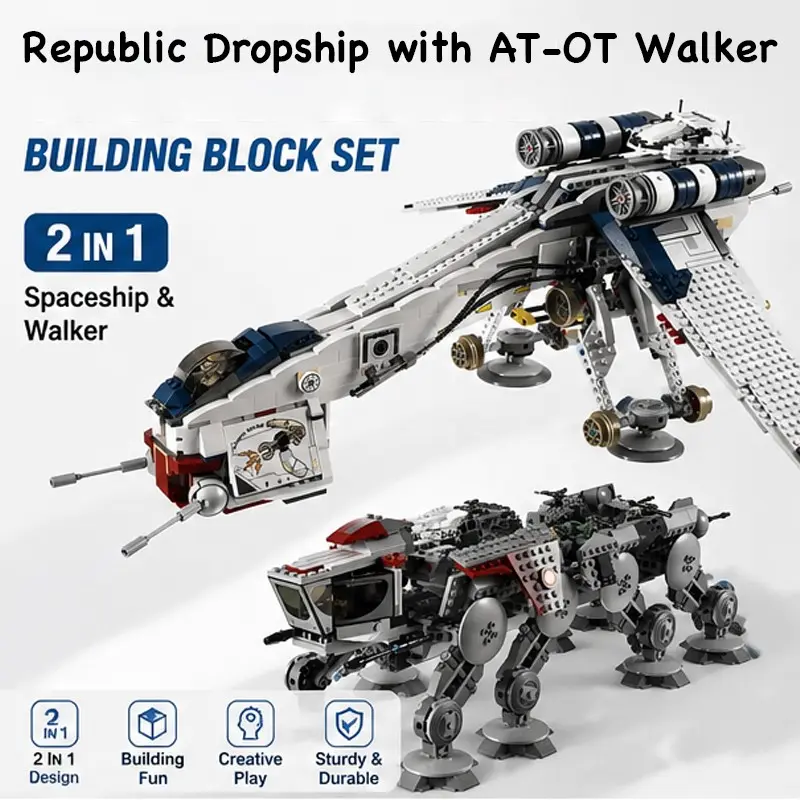 1758 Pcs Republic Dropship with At-Ot Walker Building Blocks Set, Compatible with 10195, Figurines & Miniatures Toy Kit, Building Block Model